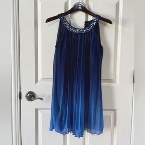 Girls Ombre Blue Sleeveless Shift Dress with Beaded Neckline Size 14